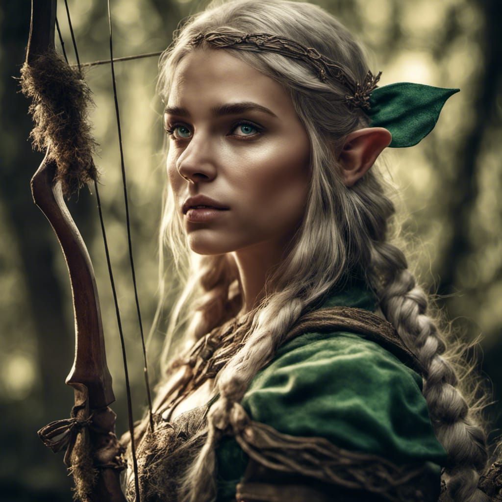 Female Elf with Bow in Forest, HDR