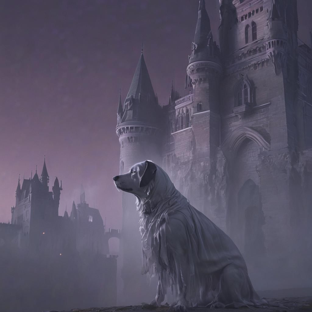 Surreal Dog Guarding Melting Castle in Dreamscape