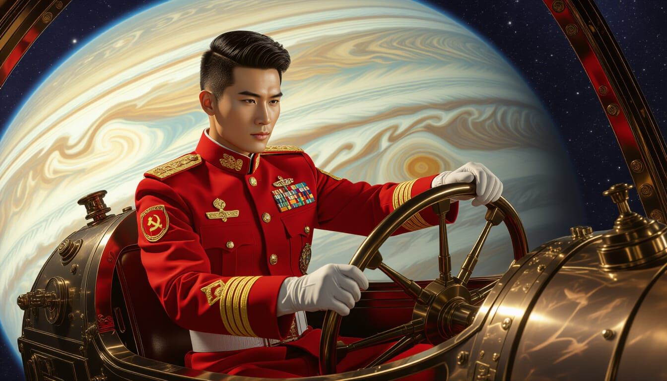 Steampunk Spaceship Pilot Soaring Over Jupiter