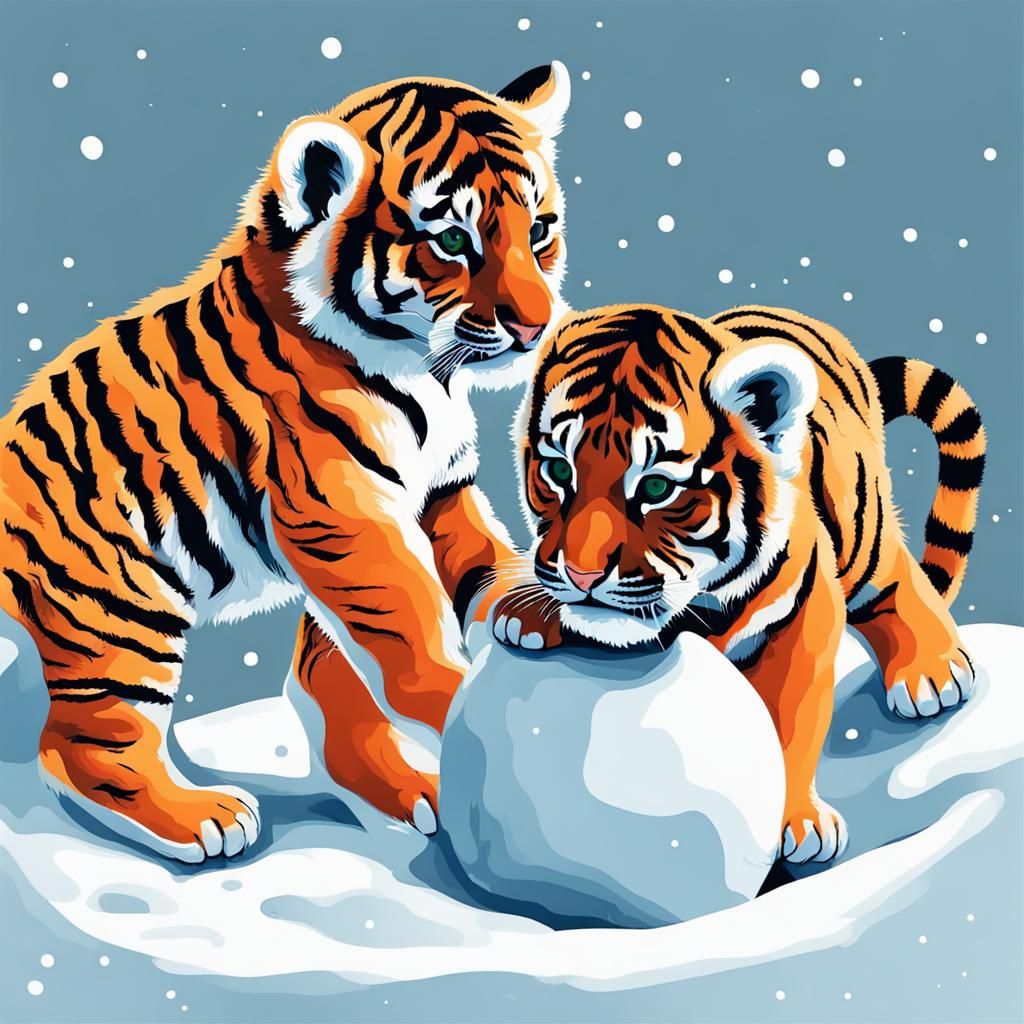 Baby Tigers Build Snowman in Abstract Style