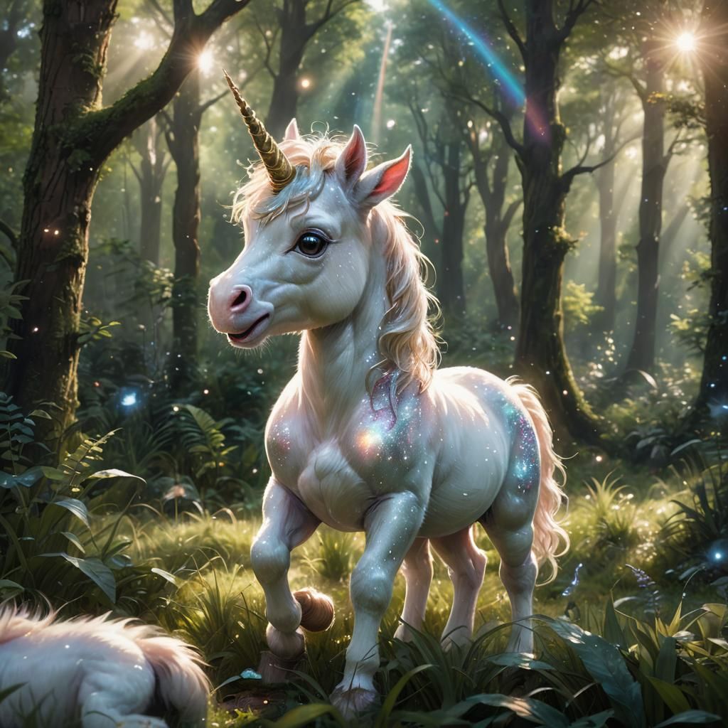 Hyperrealistic Baby Unicorn in Lush Forest Concept Art