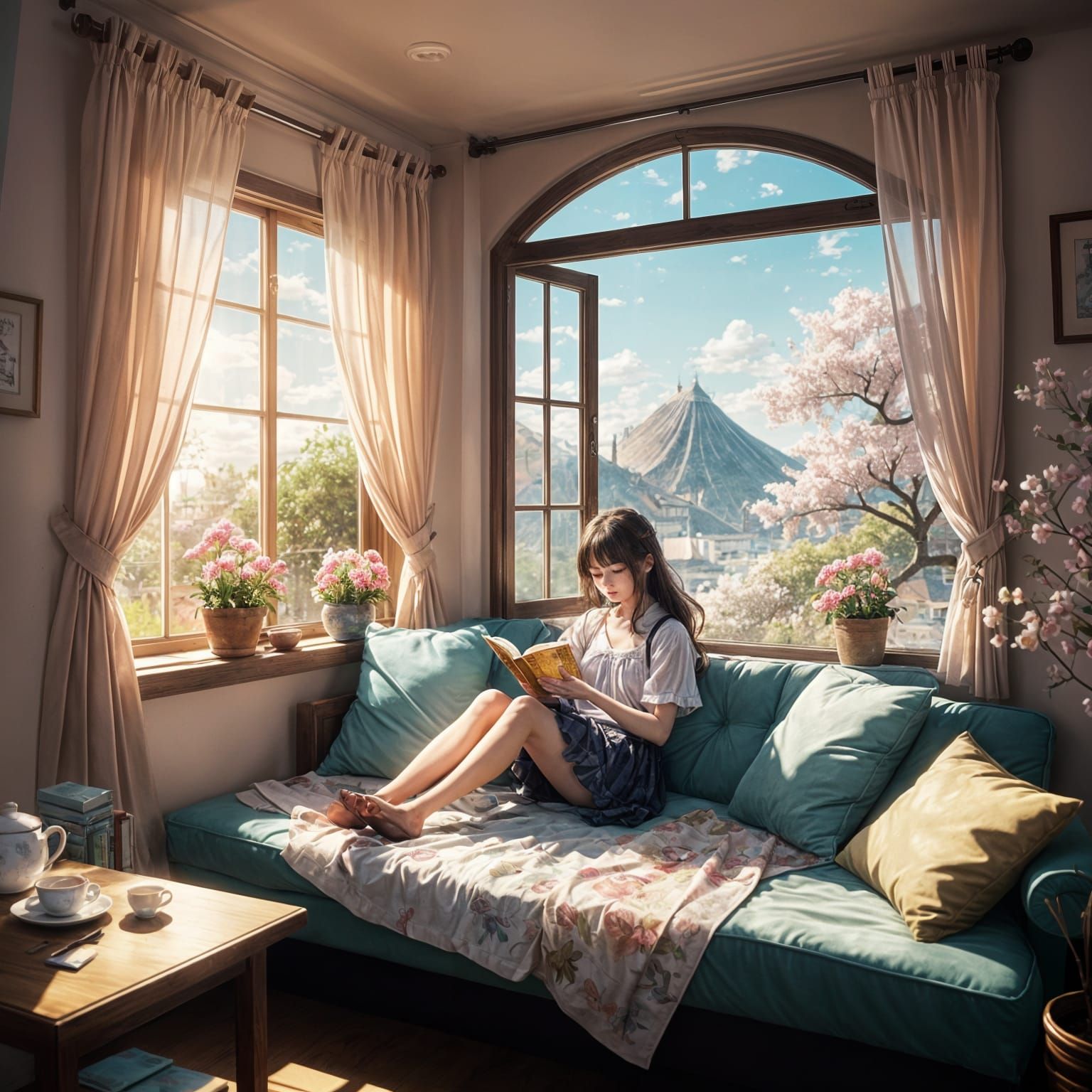 Anime Window Seat with Tea and Sunlight