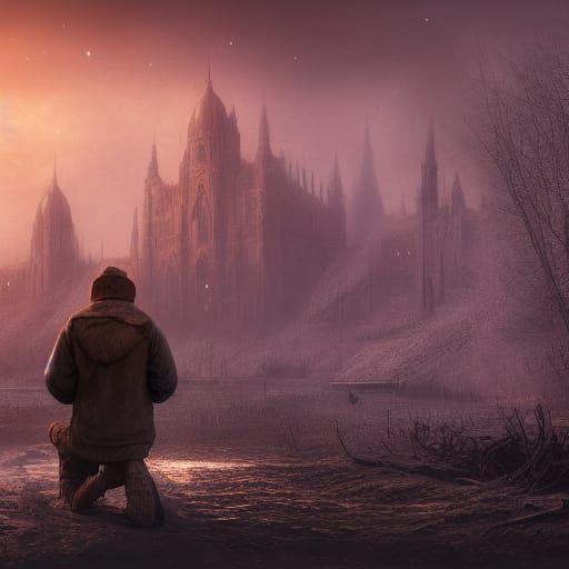 A bleak midwinter, man kneeling in the mud