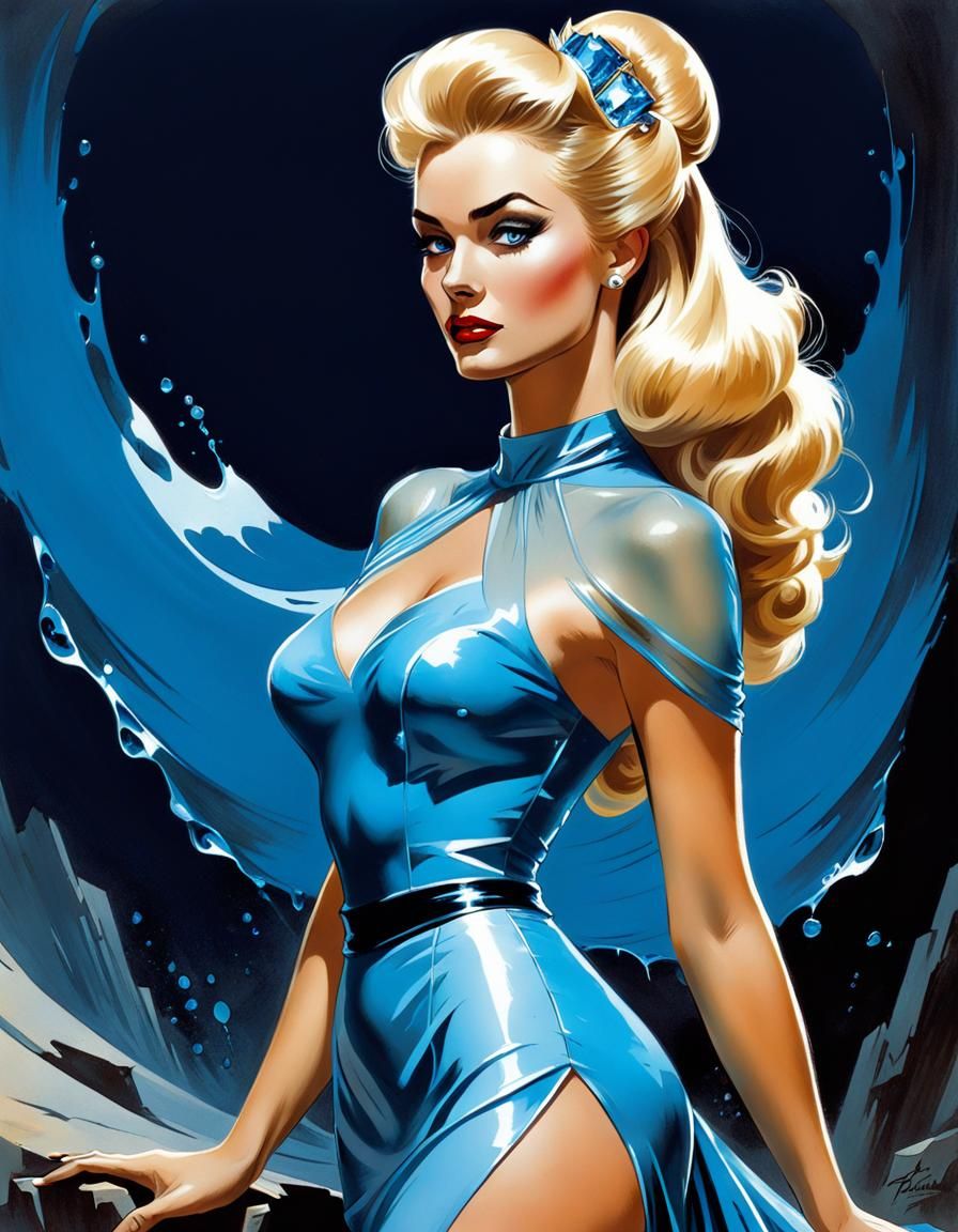 Blonde Woman in Blue Crystal Dress, Comic Art