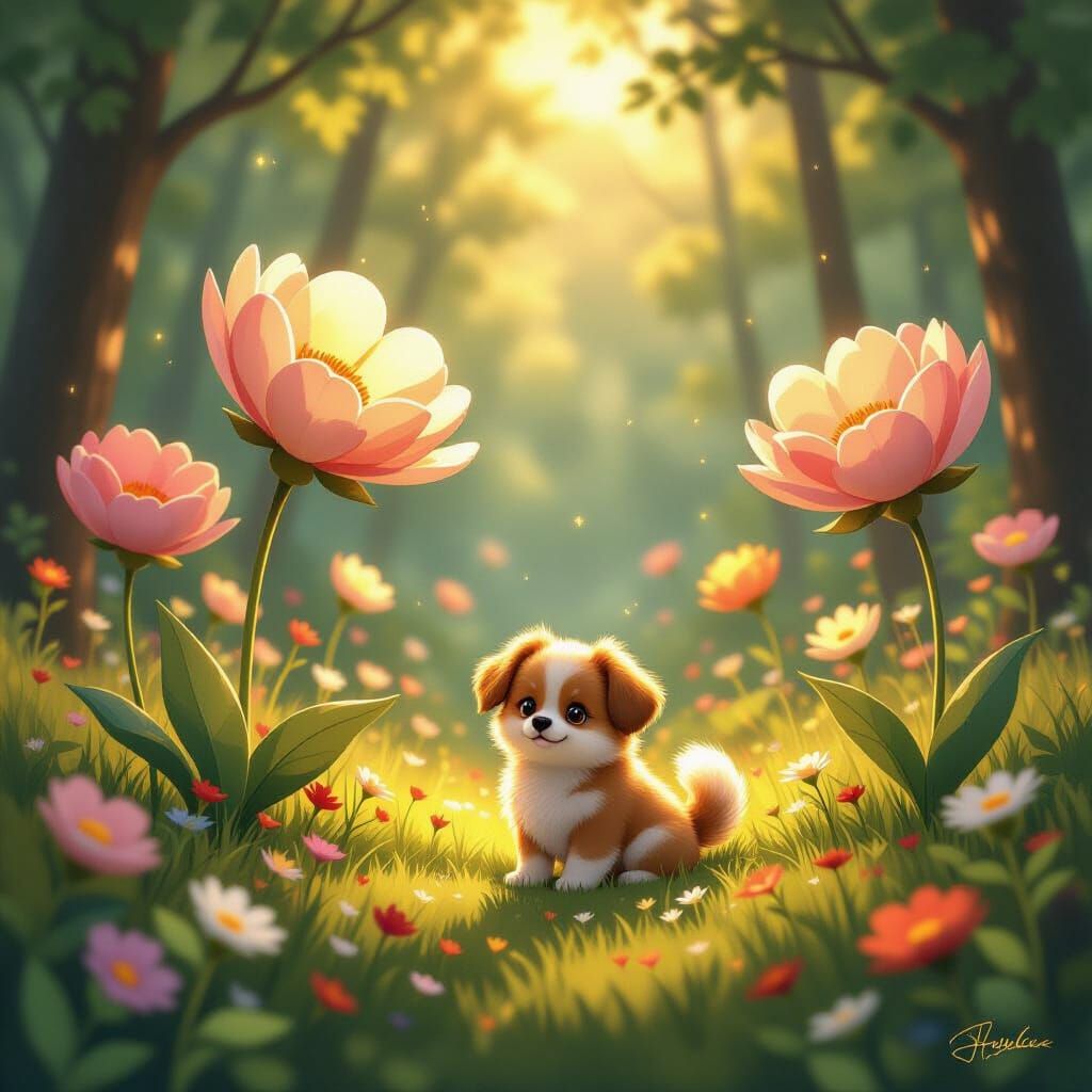 Whimsical Forest Clearing with Glowing Flowers and Puppy