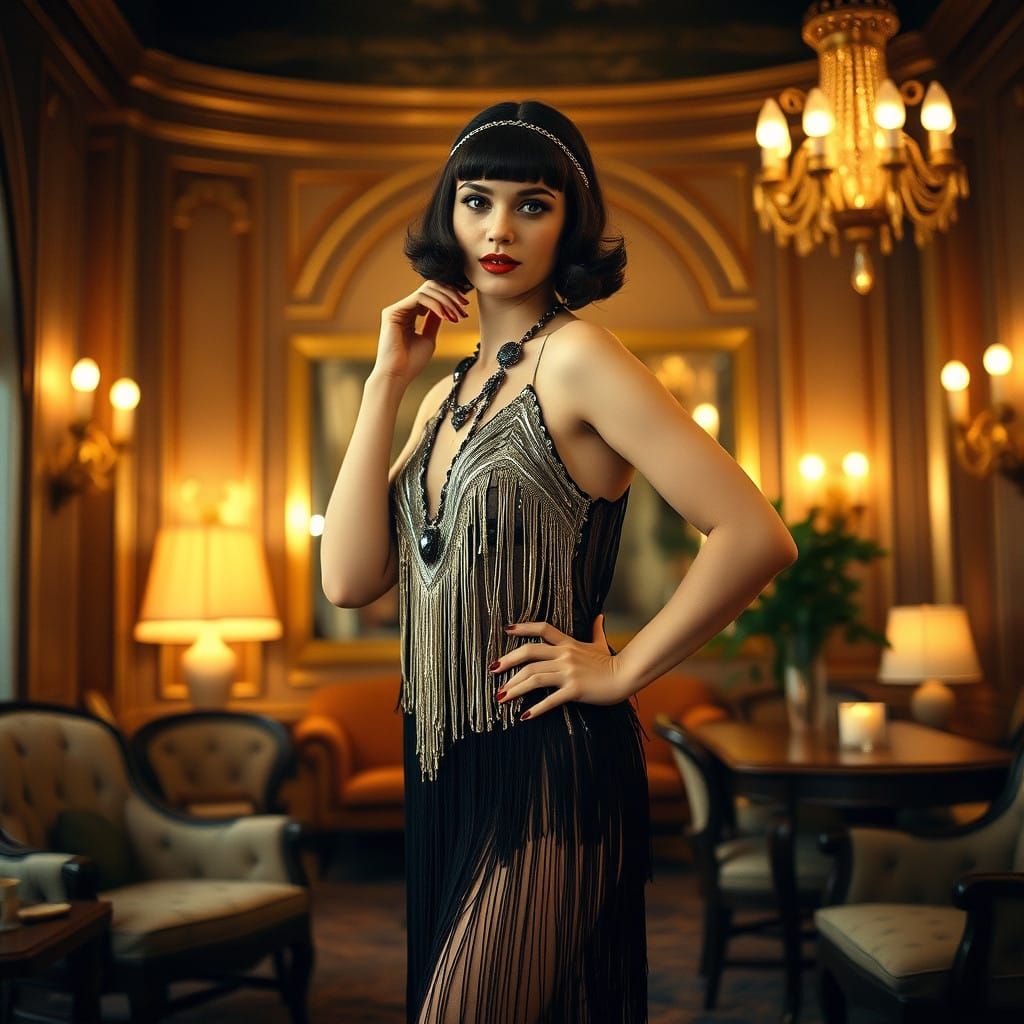 1920s Flapper Girl in Art Deco Setting, Ultra Realistic Phot...
