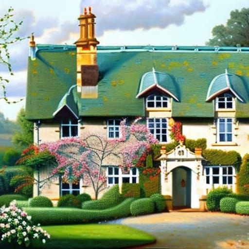Idyllic English Manor House in Oil Painting Style