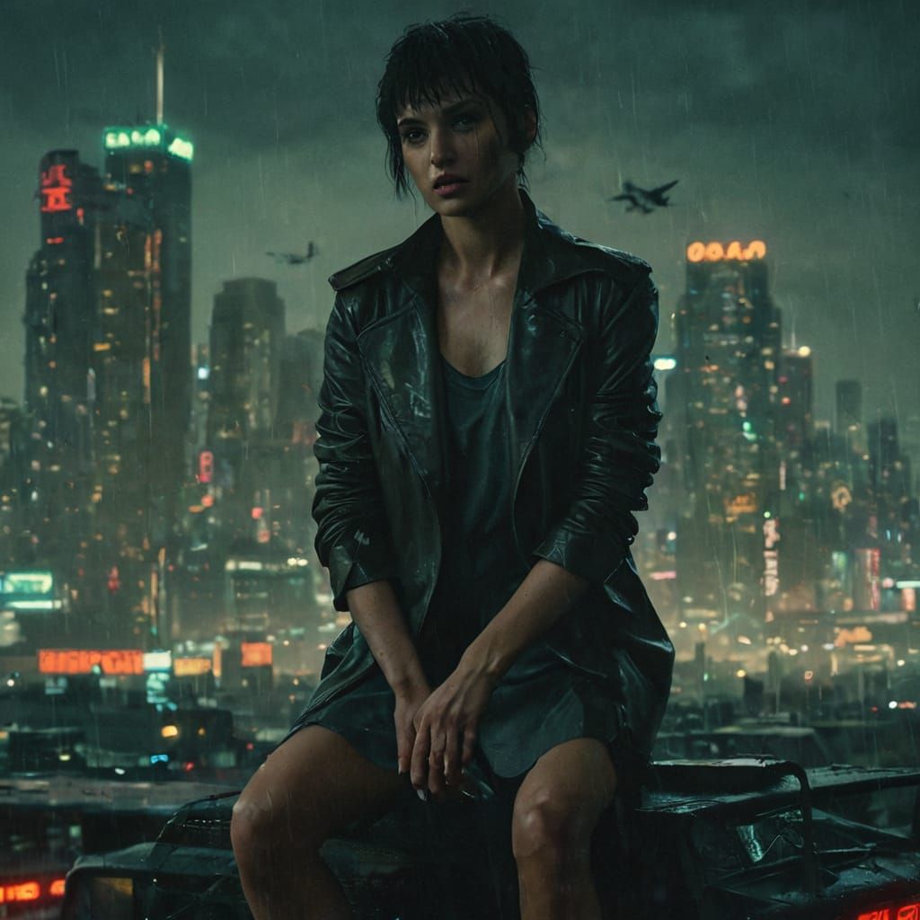 Cyberpunk Lady on Rooftop in Neon City