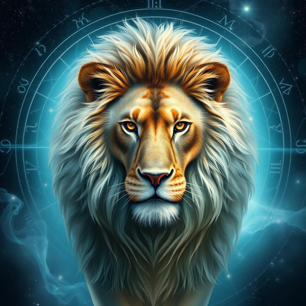 Majestic Lion Emerging from Cosmic Zodiac Realm in Dreamy, F...