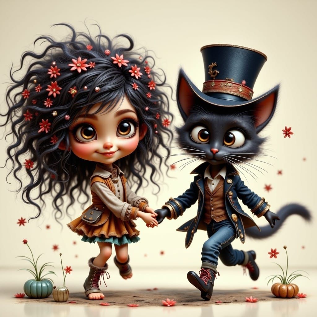 Whimsical Bohemian Girl and Feline Companion