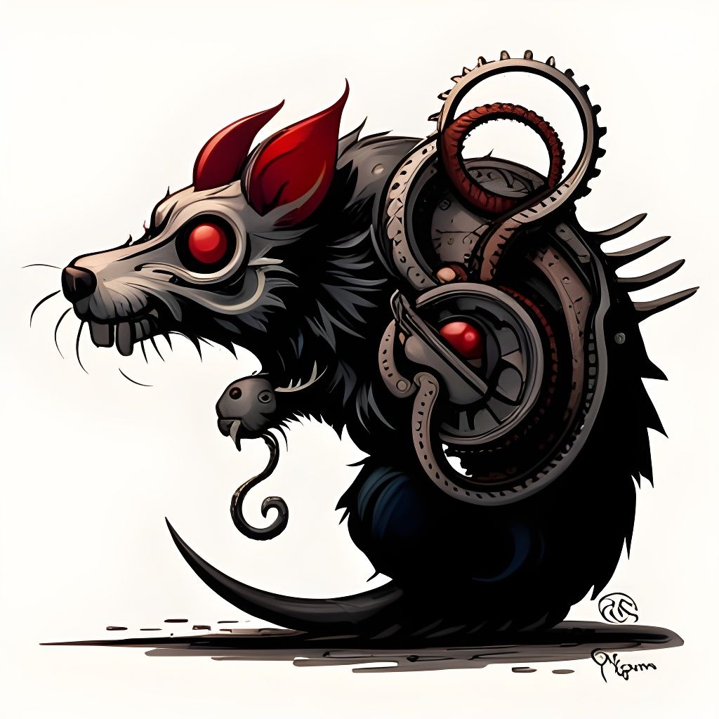 Stylized Grim Rat with Cogwheels, Sharp Focus Art