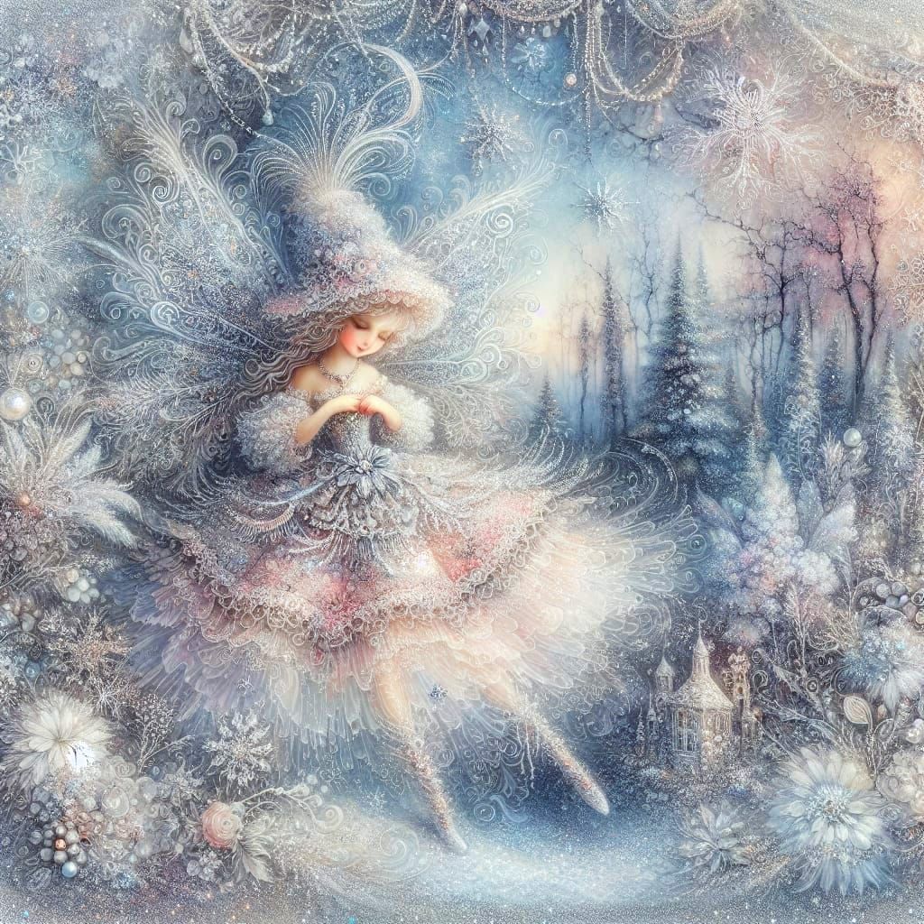 Winter Fairy in Elegant Lace and Snowy Forest
