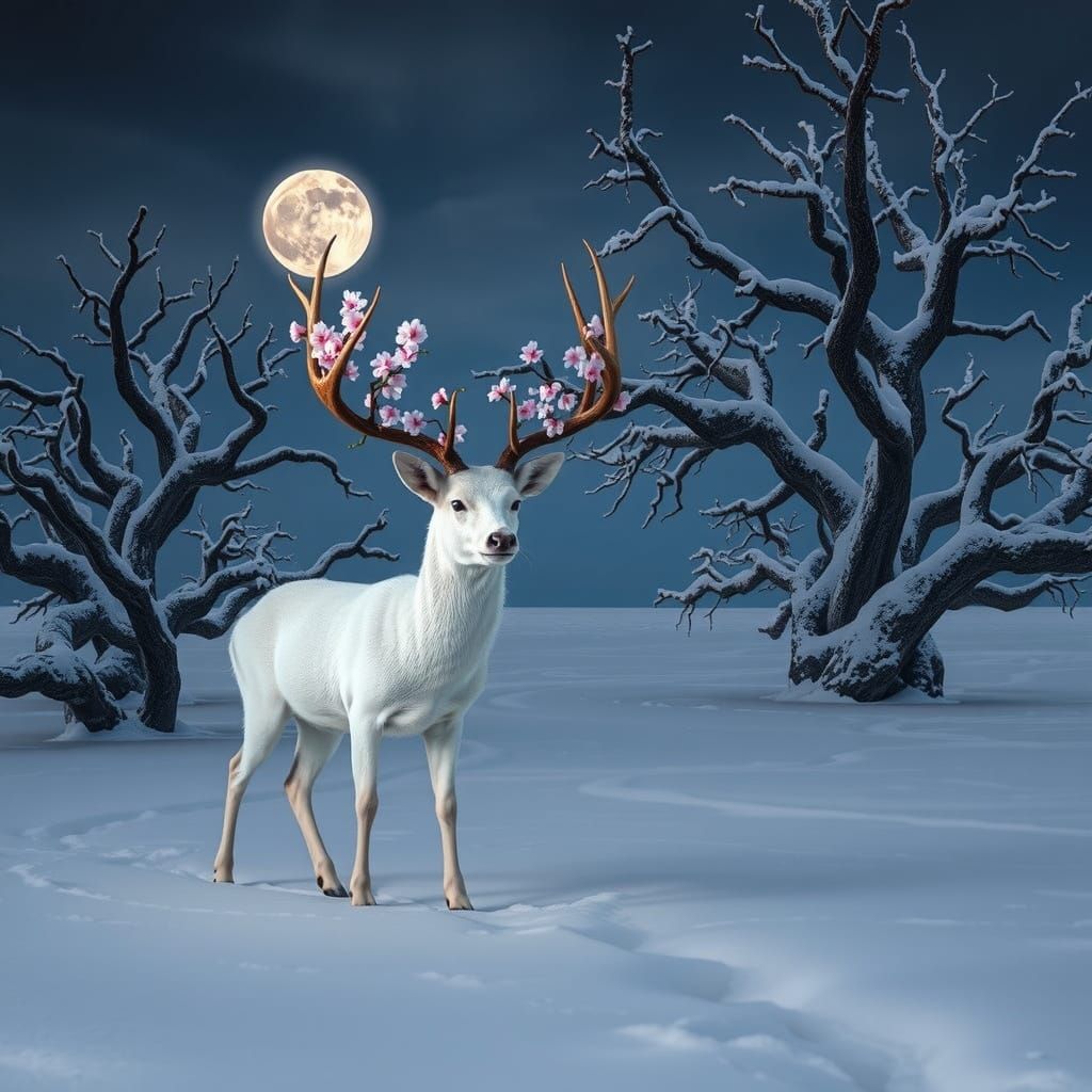 Albino Deer with Sakura Antlers in Snowy Tundra