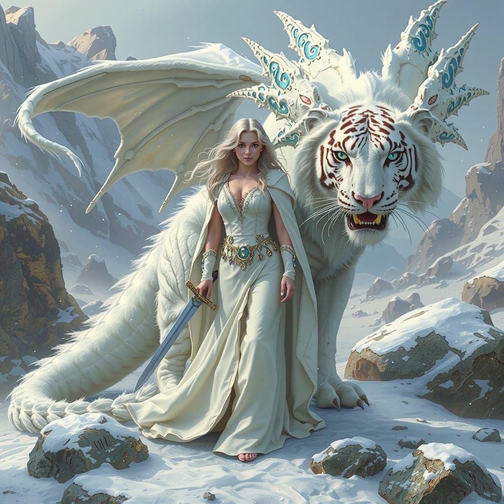Celtic Warrior Princess with Tiger-Dragon in Snowy Mountains