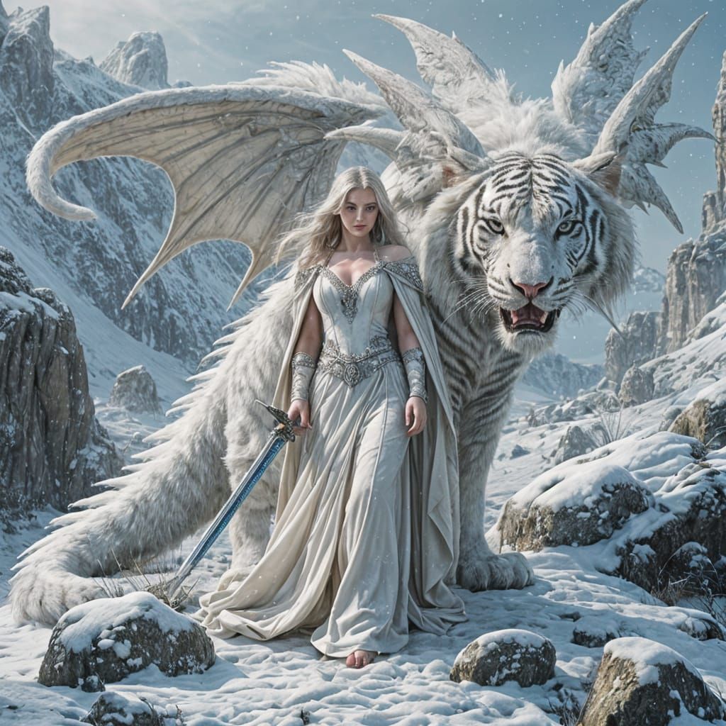 Warrior Princess and Tiger-Dragon in Snowy Landscape