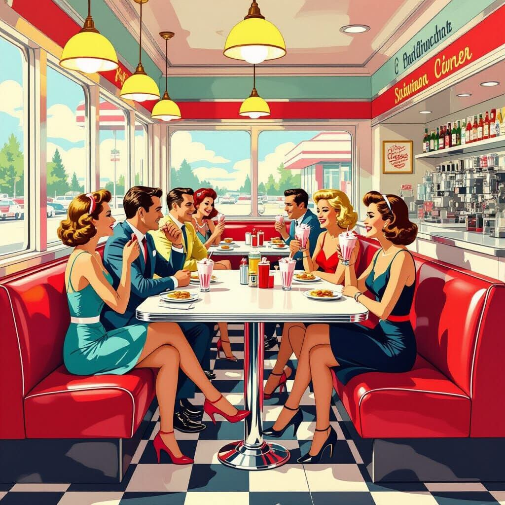Bustling 1950s Diner Scene in Vintage Comic Style