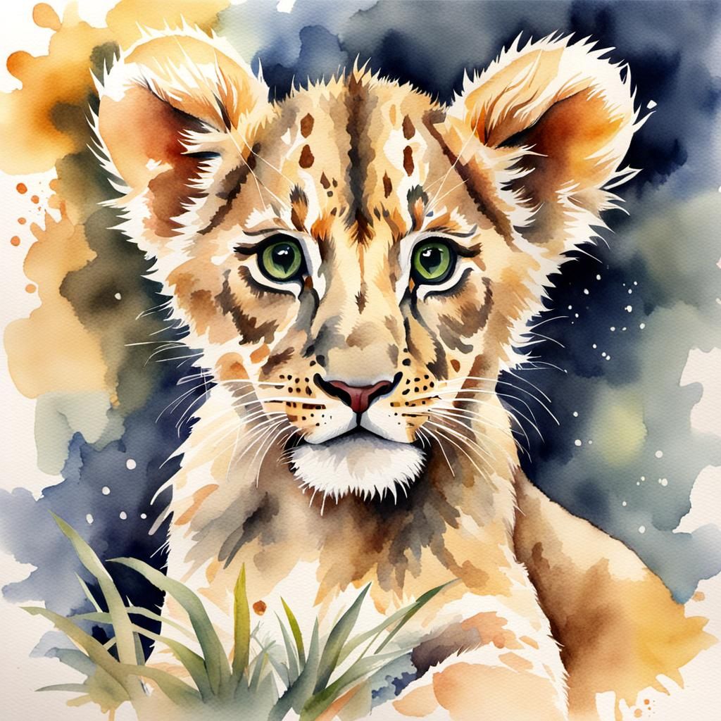 Watercolour Portrait of a Lion Cub