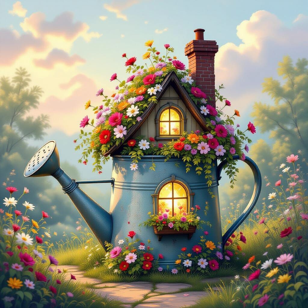 Whimsical Watering Can House in Enchanting Digital Art Style