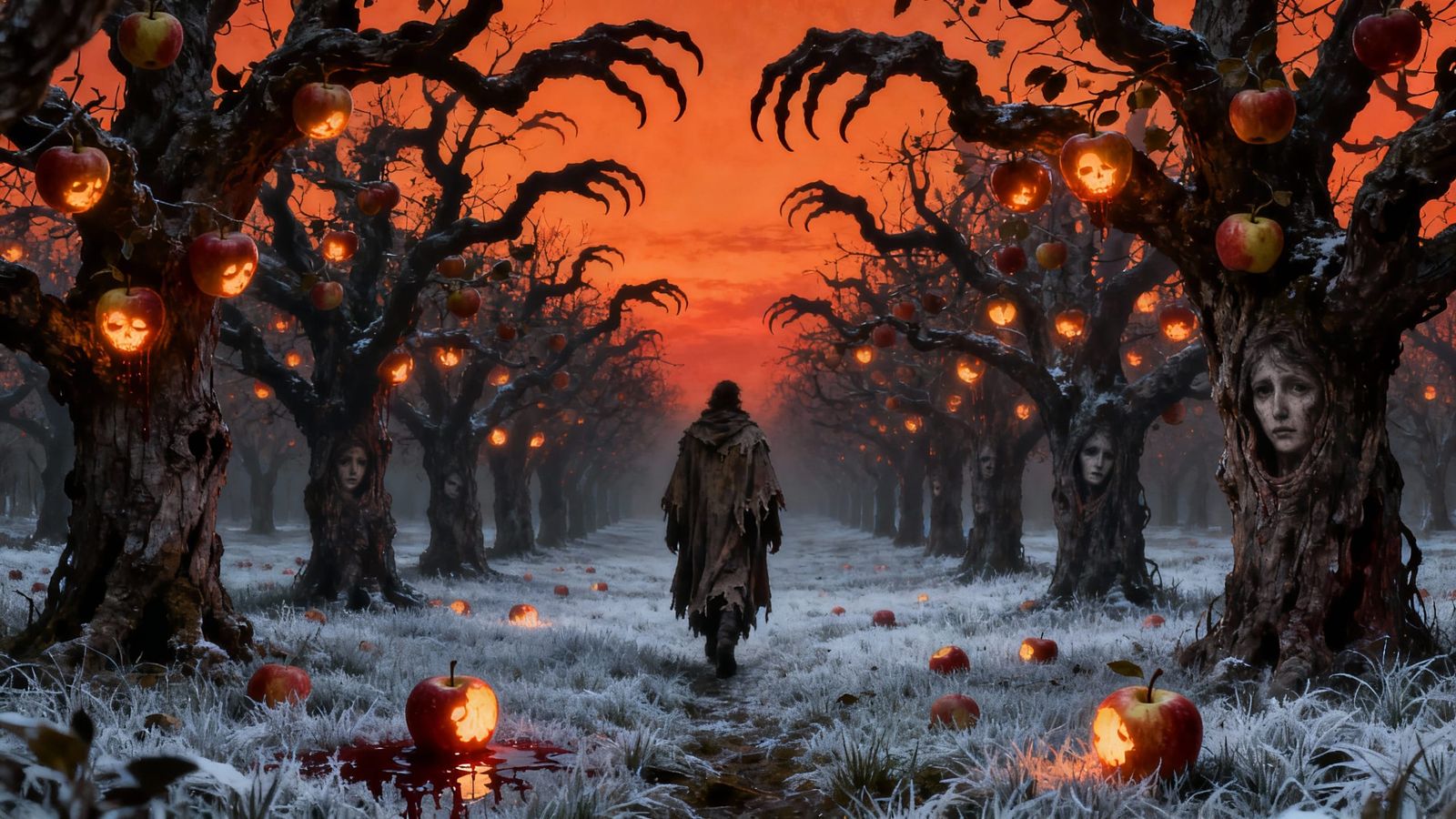 Haunted Orchard With Glowing Fruit and Lone Figure
