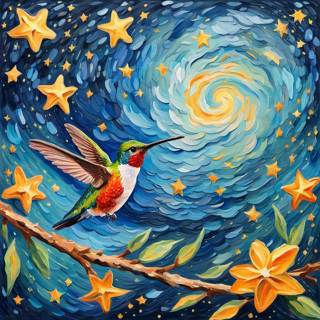 Sparkling Starry Hummingbird in Impressionist Gouache Style