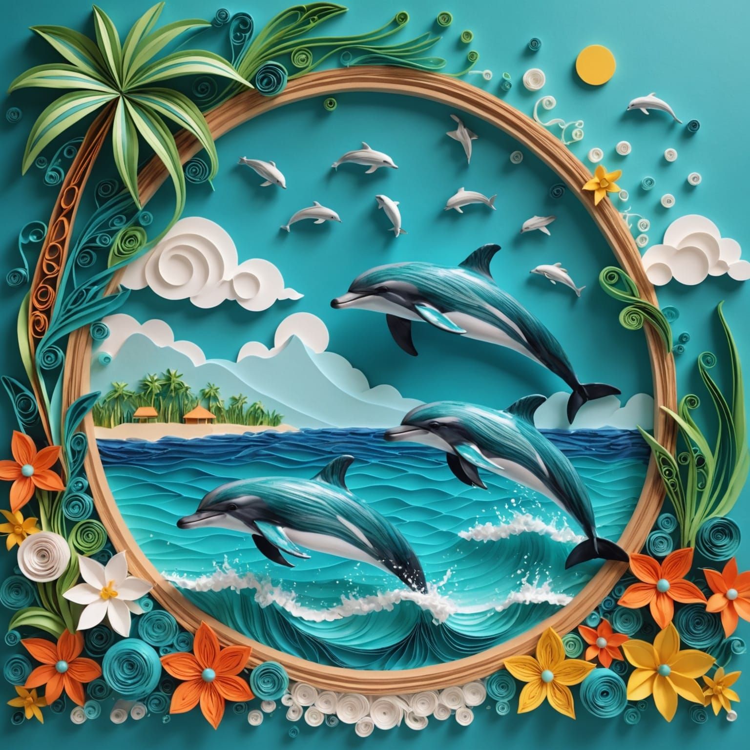 Paper Quilling Dolphins in Turquoise Ocean
