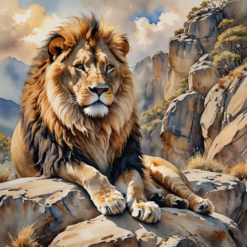 Majestic Lion in Watercolor Painting with Divine Light