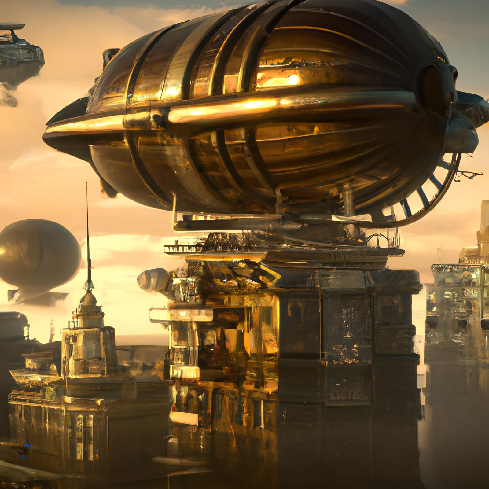 Steampunk Cityscape with Flying Vehicles in Golden Hour