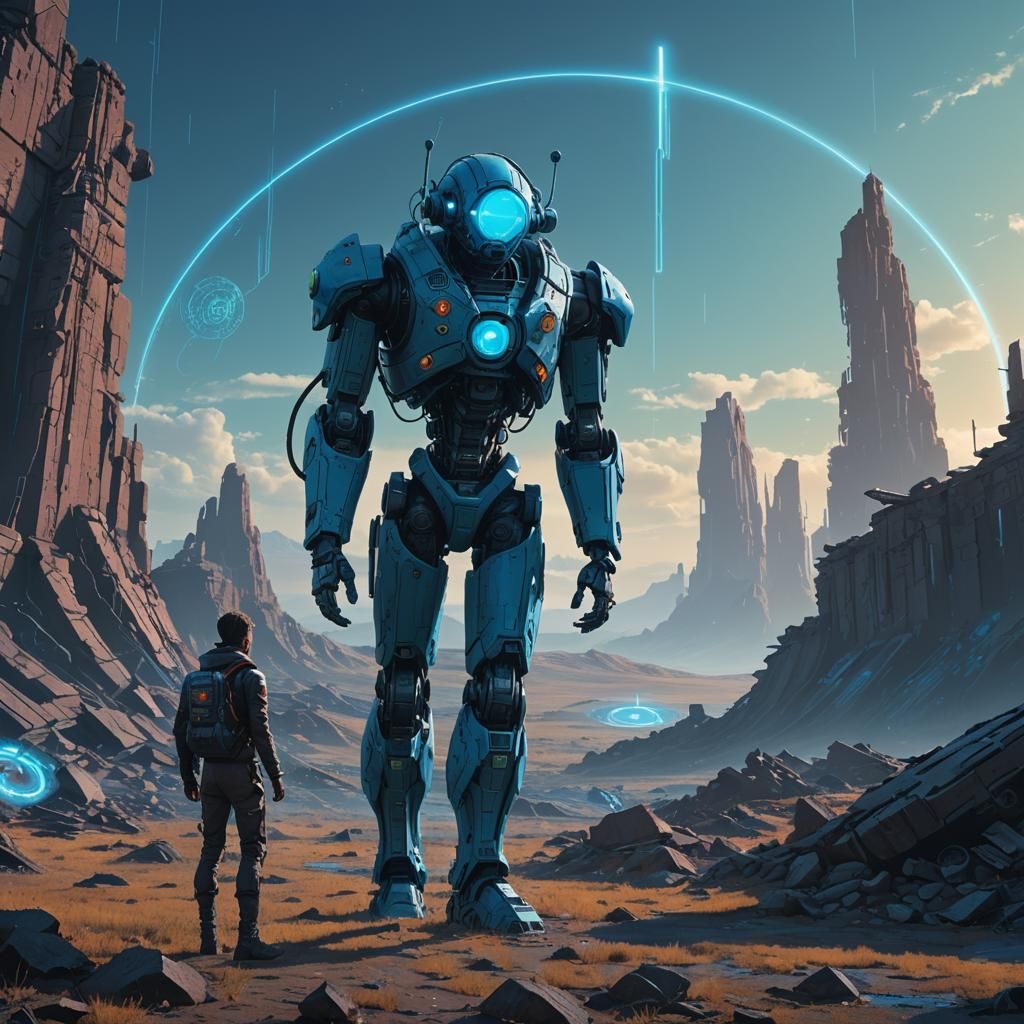 Futuristic Android Gazing at Glowing Portal in Digital Paint...