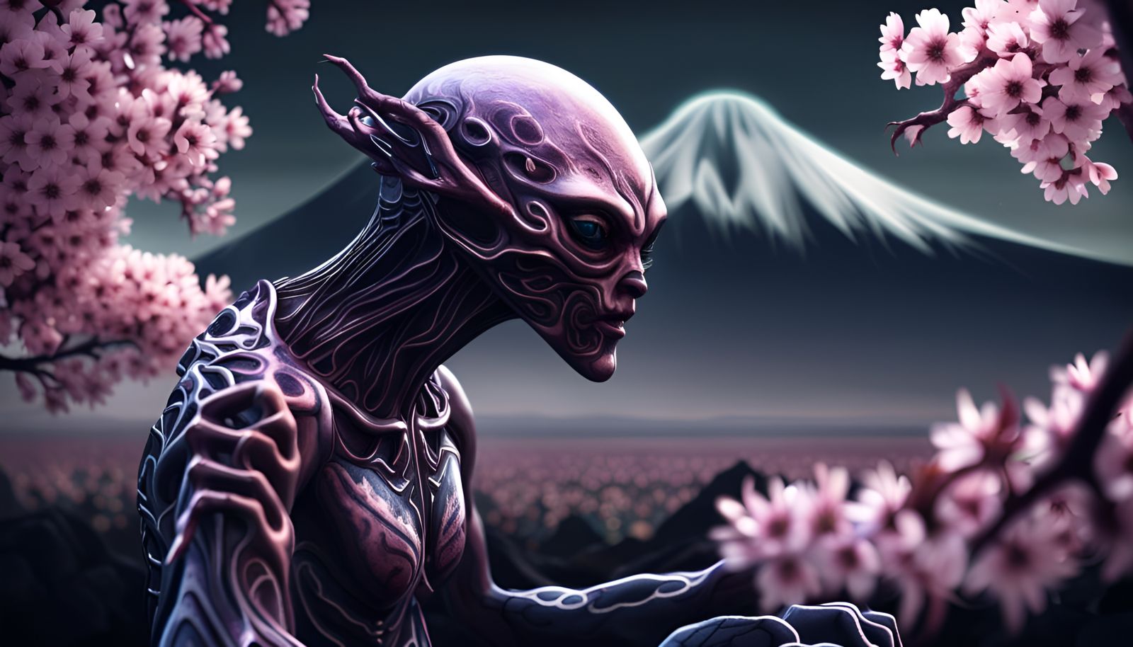 Creepy Alien Crawling Under Cherry Blossom Tree