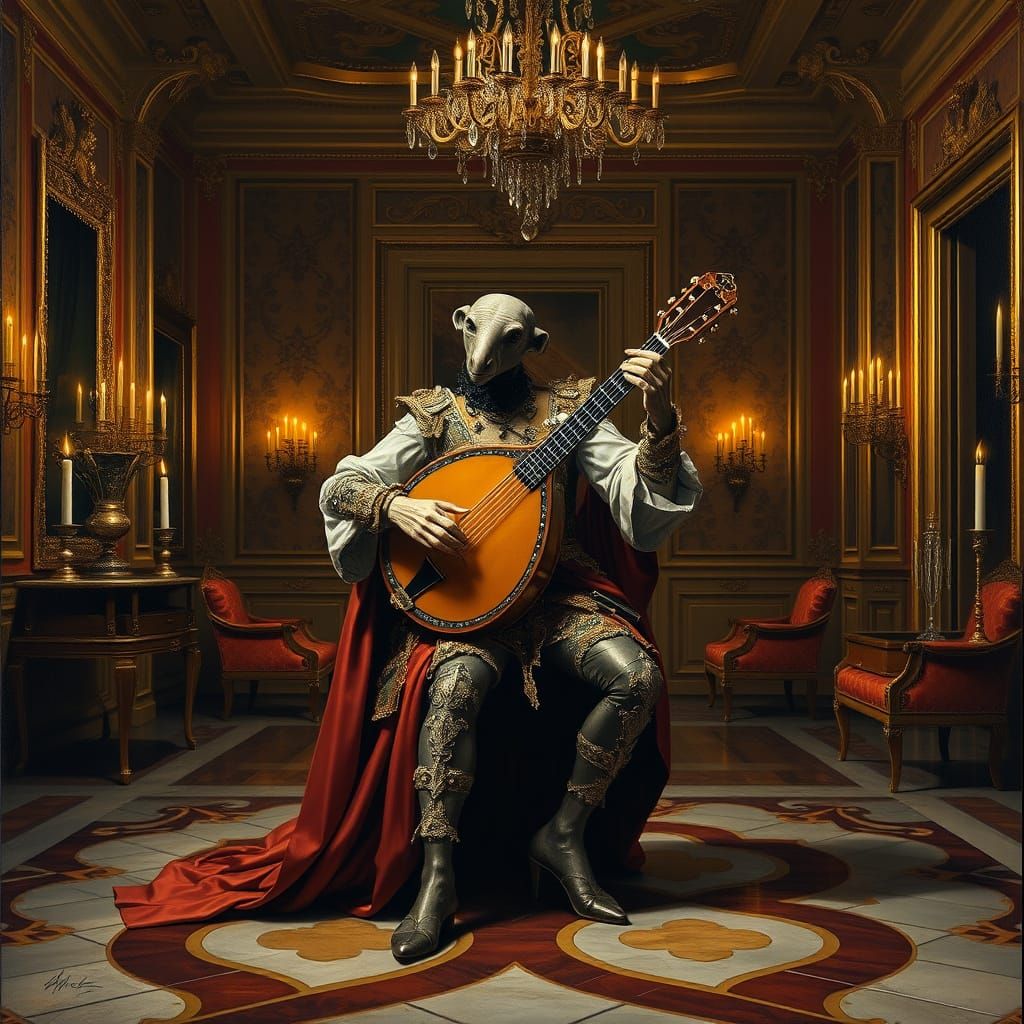 Baroque Palace Courtier Sheep Plays Lute at Twilight