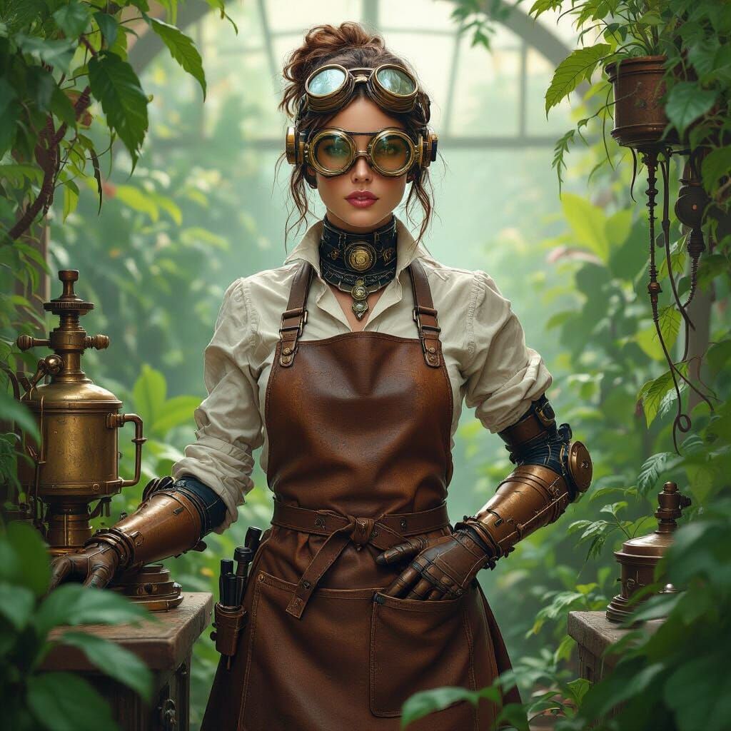 Steampunk Botanist Queen Amidst Lush Greenery
