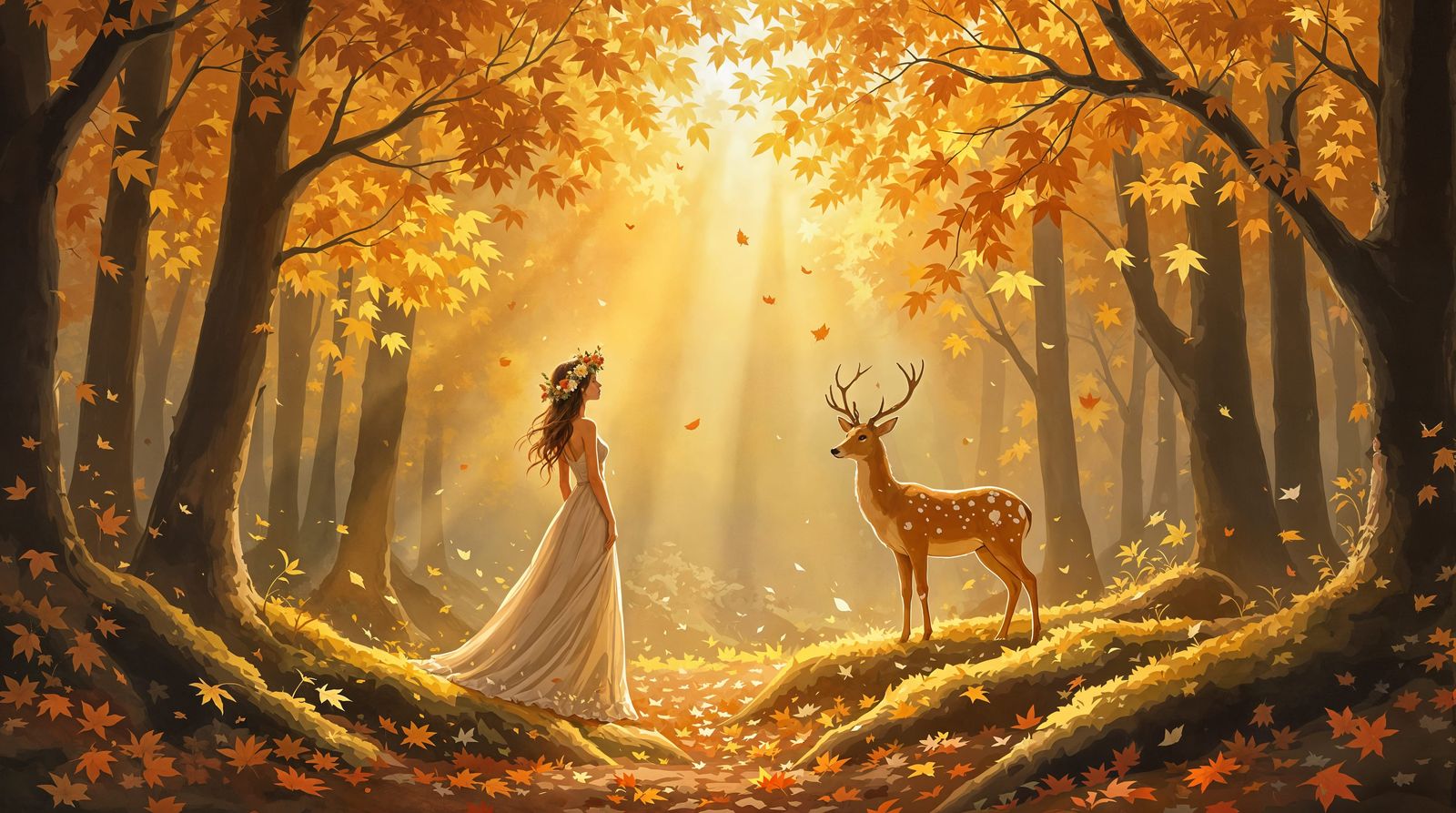 Serene Autumn Forest Scene in Painterly Style