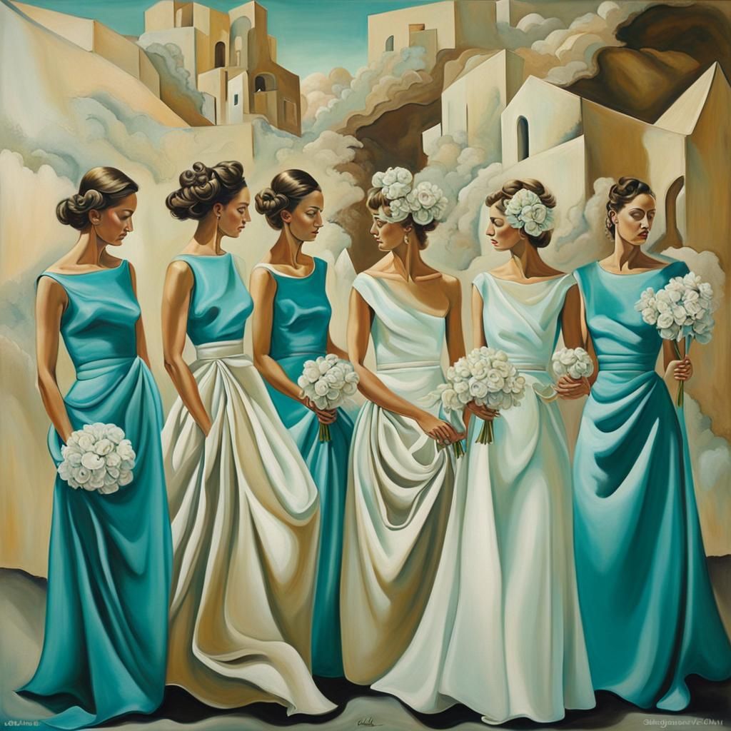 The pretty bridesmaids were wearing long turquoise dresses m...