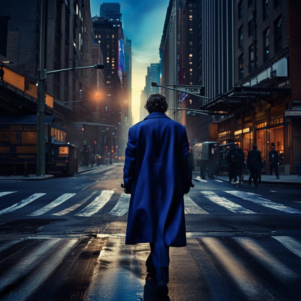 Man in Blue Coat Walking New York Street