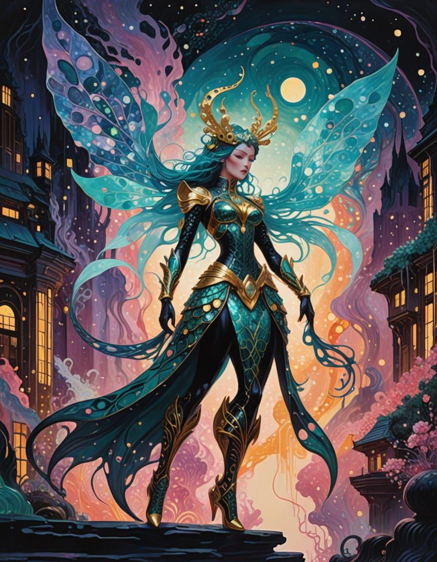 Ethereal Mermaid Warrior in Cyberpunk Art Nouveau Style
