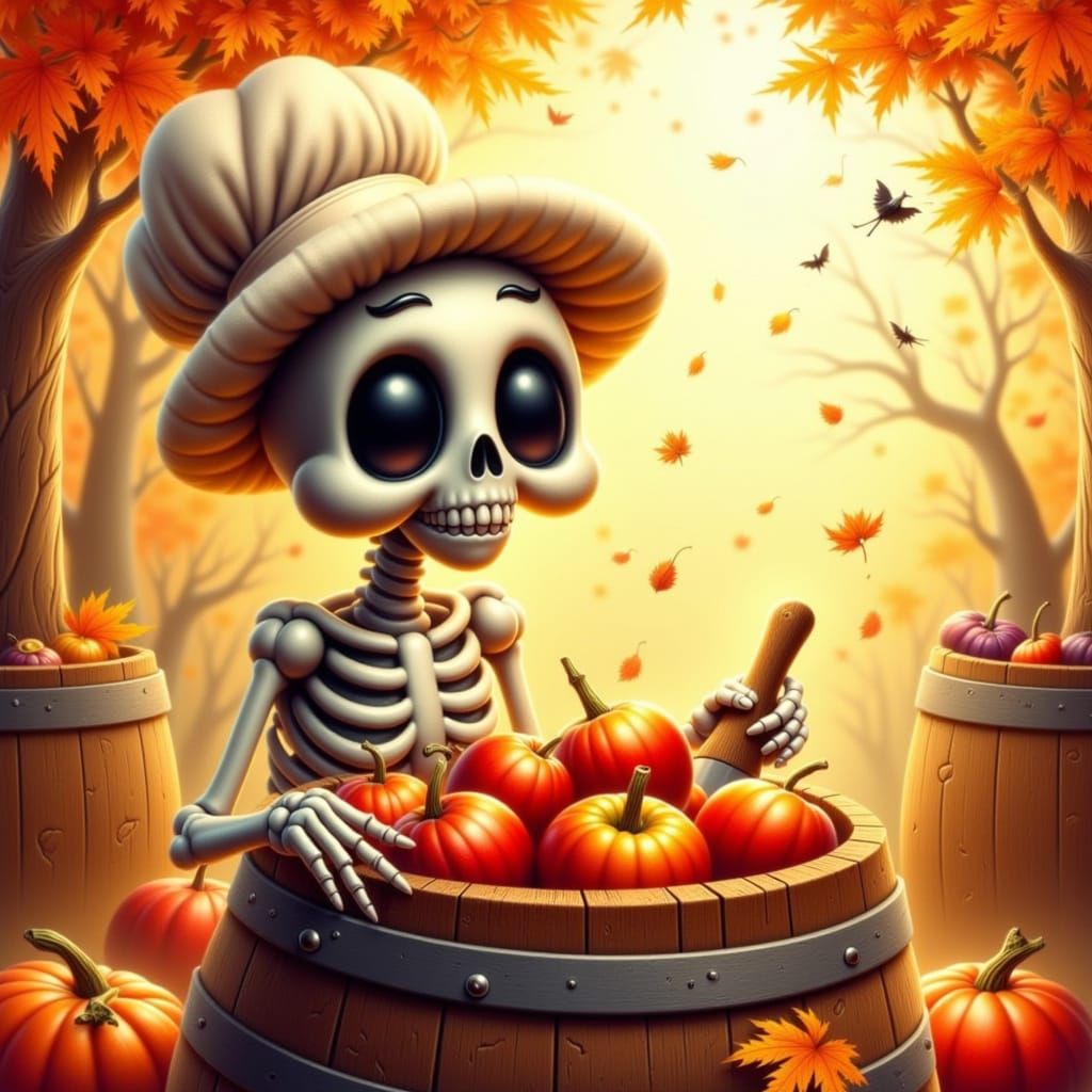 Cute Skeleton Makes Apple Cider in Autumn Sunlight