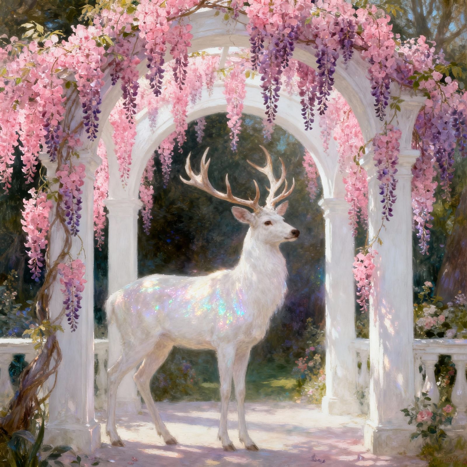 White Stag Before Wisteria Archway in Pre-Raphaelite Style