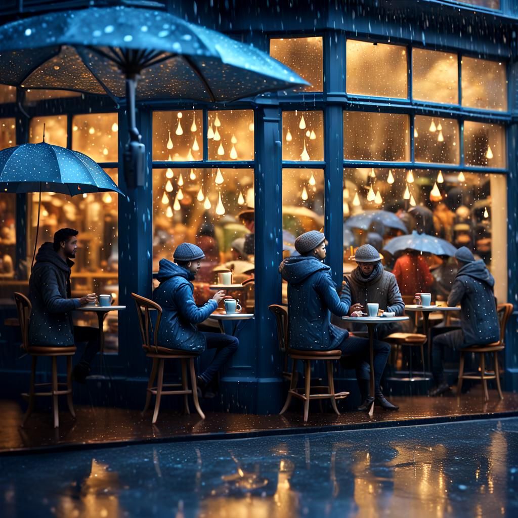 Rainy Day Coffee Shop View in Matte Painting Style