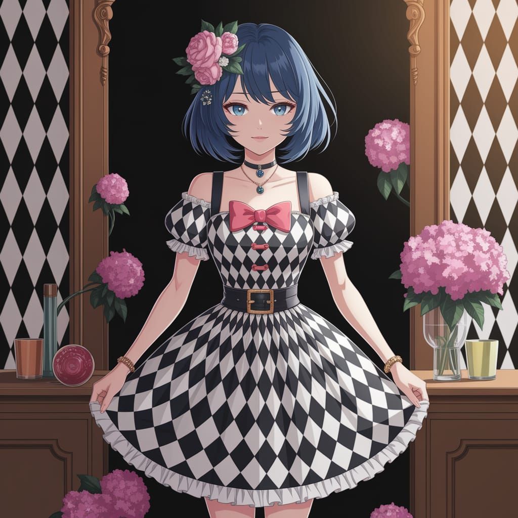 Anime Woman in Harlequin Dress Digital Art