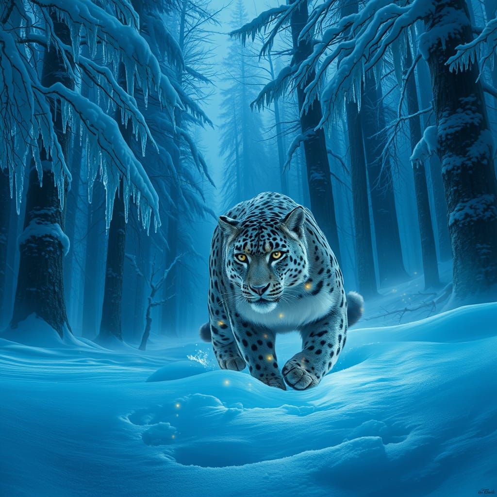 Ethereal Snow Leopard Prowls Ancient Forest in Soft, Glowing...