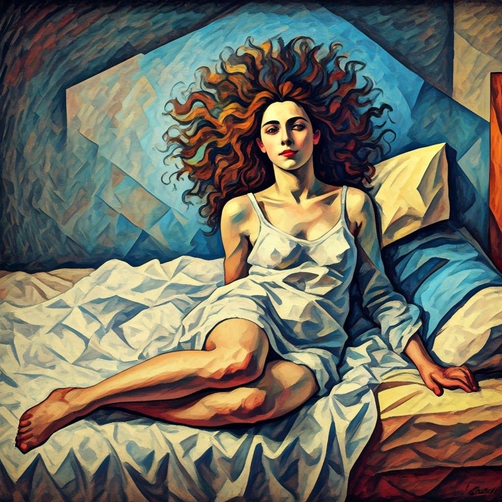 Colorful Cubist Woman Lying on Bed