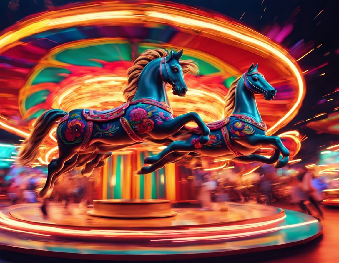 Psychedelic Carousel at Night in Neon Lights