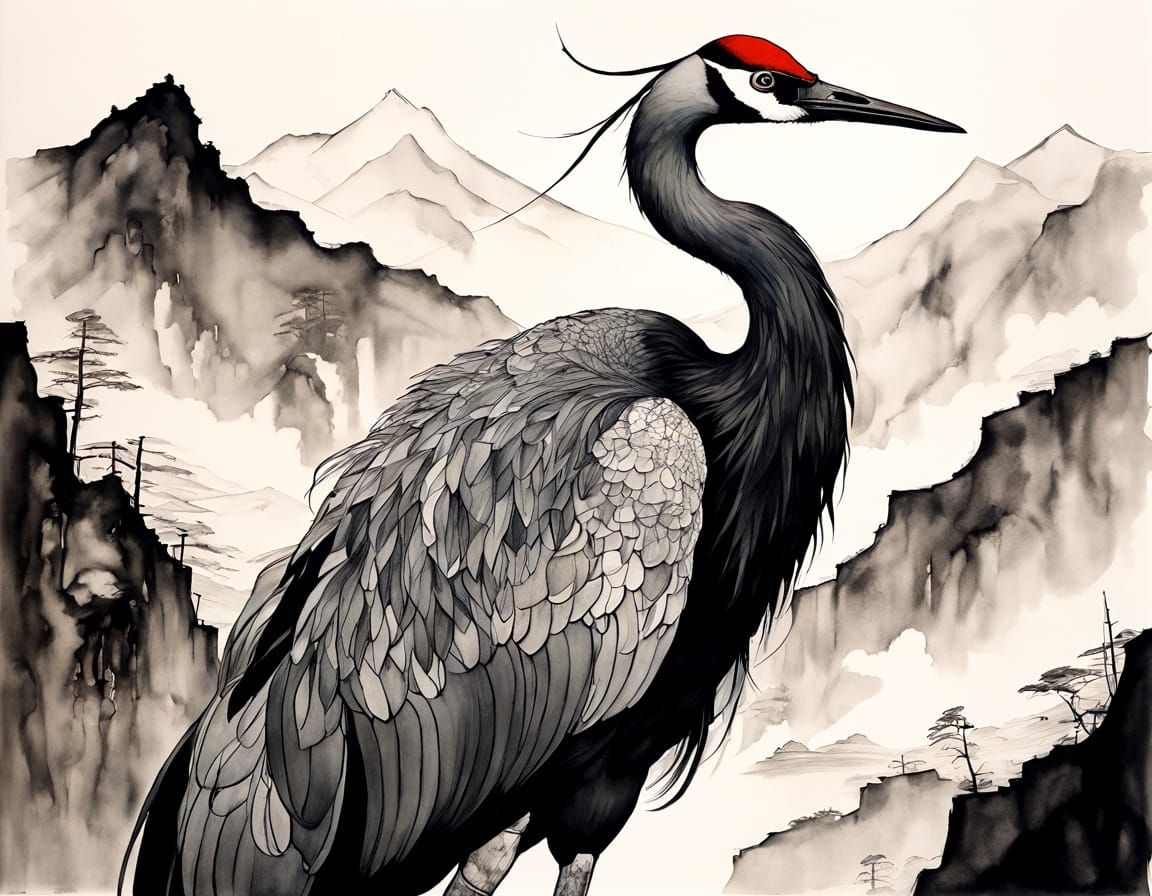 Majestic Crane in Monochromatic Grandeur with Bold Ink Lines