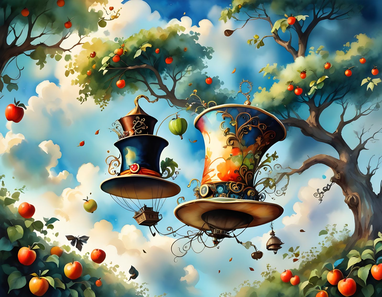 Mad Hatter's Hat Parachute Landing, Watercolour Art