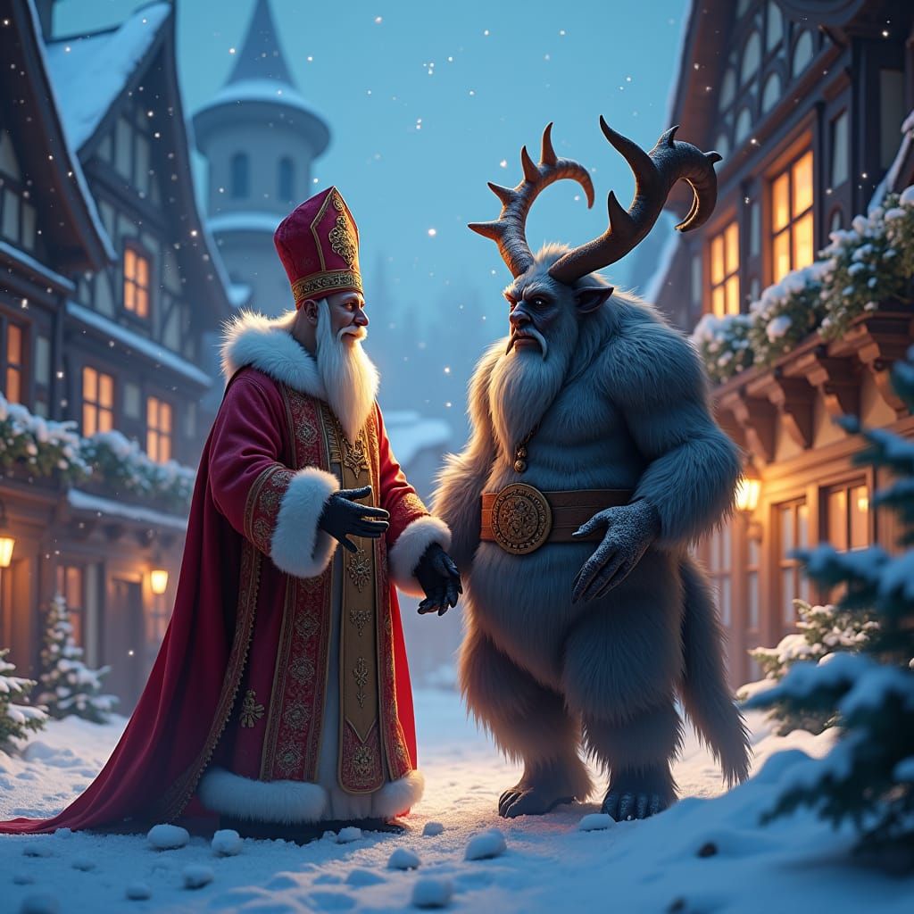 Saint Nikolaus and Krampus in Winter Wonderland
