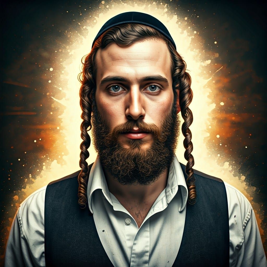 Hasidic Youth Illuminated by Vibrant Cityscape