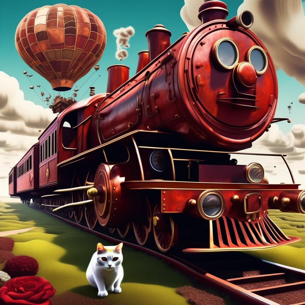 Steampunk Train Takes Flight: Surreal Gouache Illustration