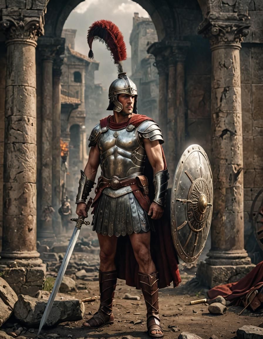 Roman Soldier Portrait with Sword, Shield, and Javelin