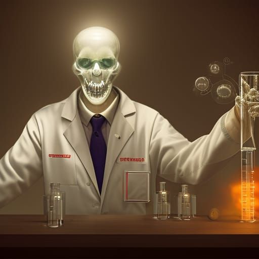 Grinning Scientist with Glowing Skeleton, Sinister Digital A...