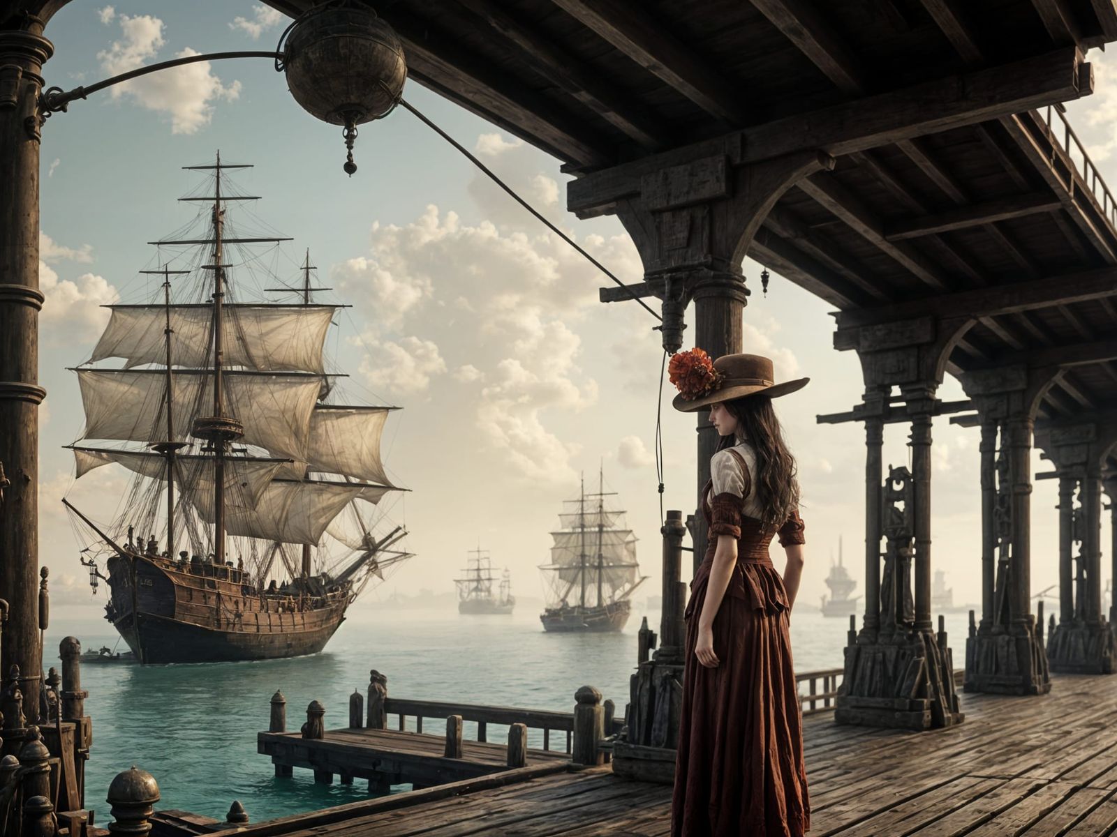 1800s Ship at Port: Impressionist-Style Antique Painting